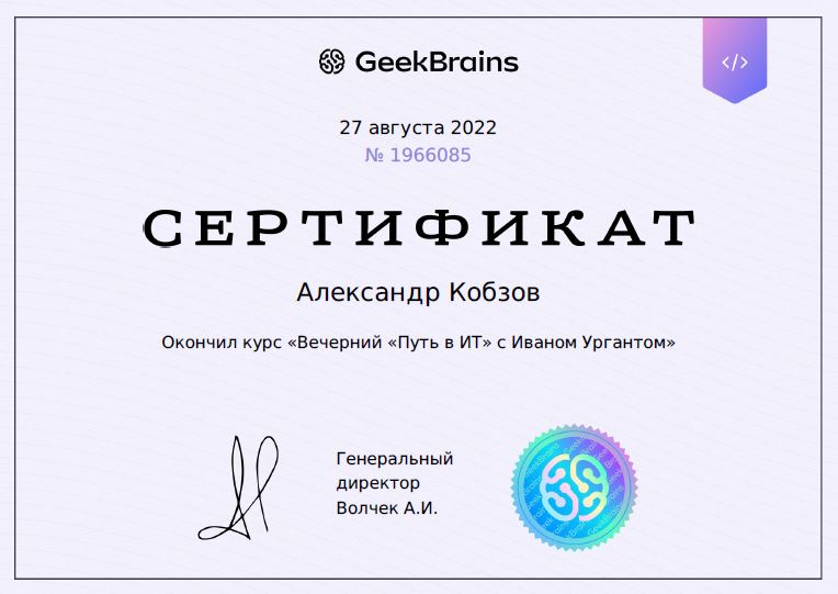Александр Кобзов. Сертификат от GeekBrains